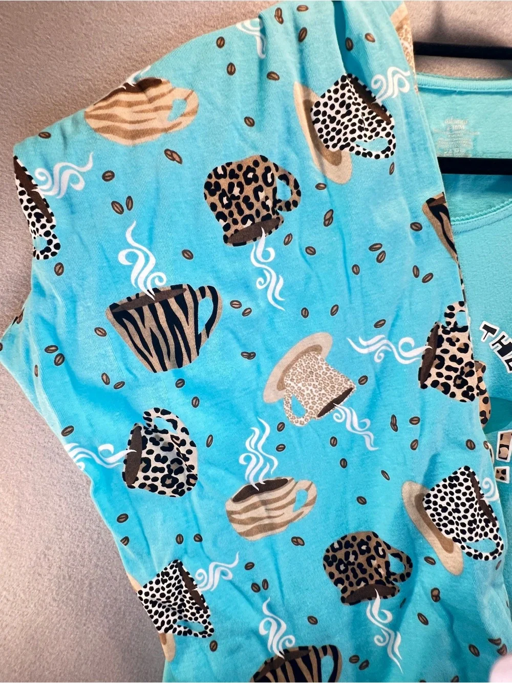 Adonna Pajama Set M Call of the Wild Coffee Leopard Print Aqua 100% Cotton